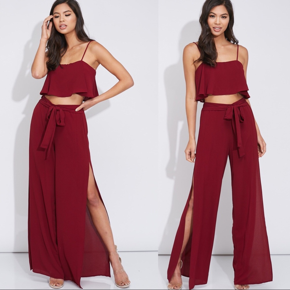 Crop Top + Slit Wide Leg Pant Matching Set - Picture 4 of 7